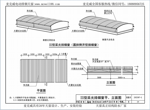 23CJ87-1采光、通風、消防排煙天窗（一）中III型側開式圓拱型電動采光排煙天窗
